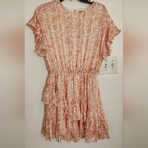 Aqua Paisley Patterned White and Orange Shimmering  Ruffled Dress Size Large